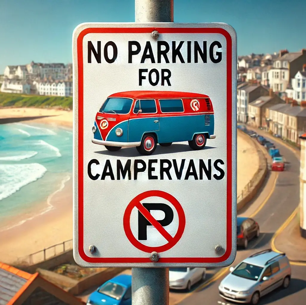 A street sign stating "No parking for campervans" with a classic looking campervan image in the centre. The sign is located in a seaside town